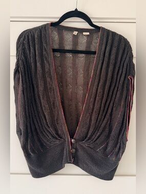 Moth Dark Gray Open-Front Cardigan with Multicolor Trim